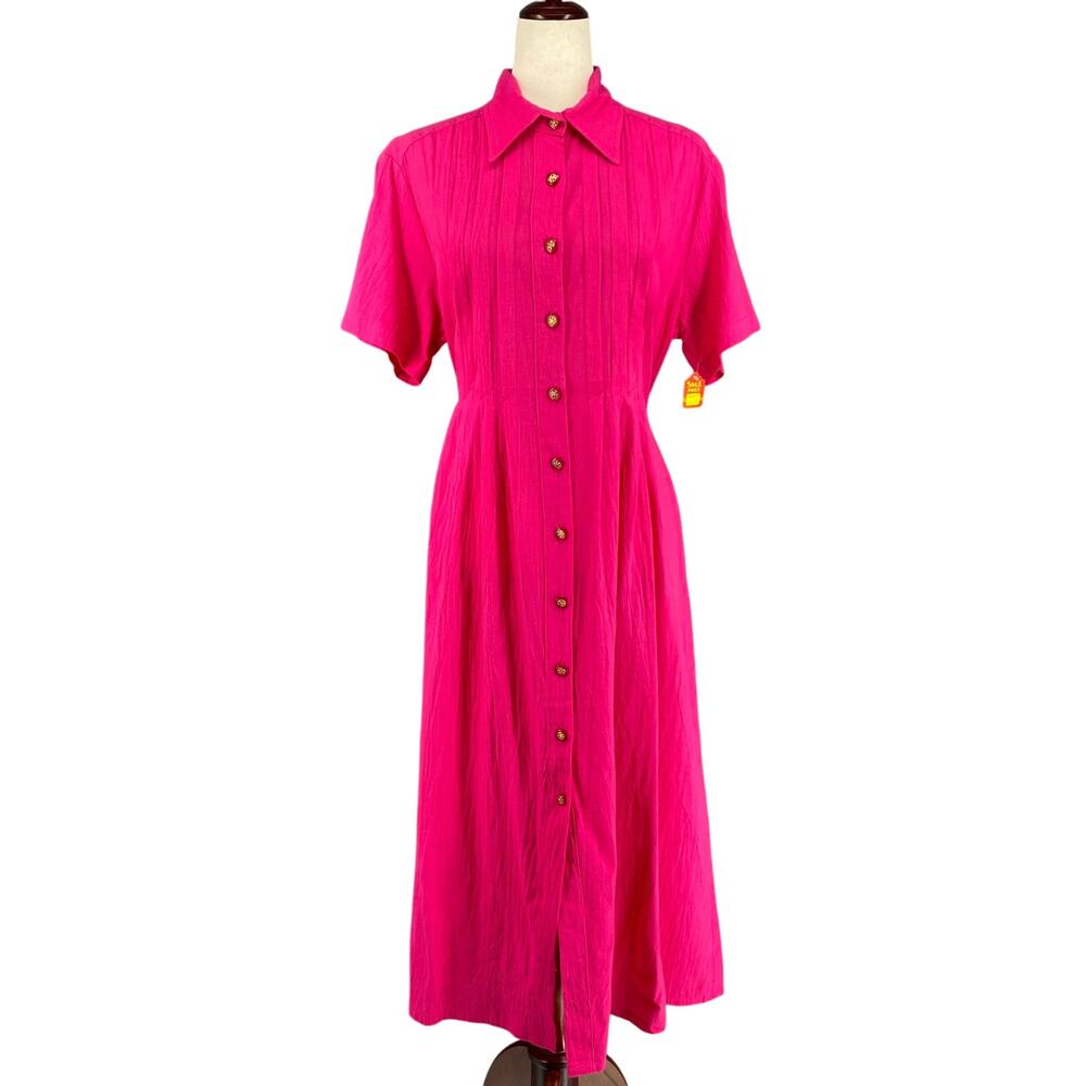 Vtg 80s 90s Two Potato Button‎ Down Tie Back Short Sleeve Maxi Dress M Pink NOS